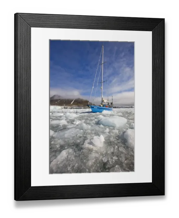 Framed Print : Norway, Svalbard, Spitsbergen Island, The sailboat SV Arctica surrounded by glacier Framed Print : Norway, Svalbard, Spitsbergen Island, The sailboat SV Arctica surrounded by glacier