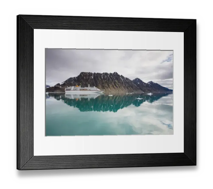 Framed Print : Norway, Svalbard, Spitsbergen, Cruise Ship MV Columbus motoring past mountains along Framed Print : Norway, Svalbard, Spitsbergen, Cruise Ship MV Columbus motoring past mountains along