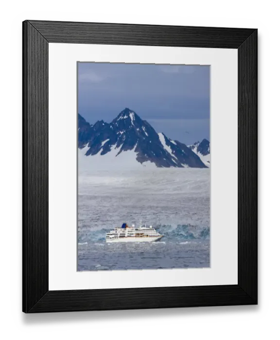 Framed Print : Norway, Svalbard, Spitsbergen, Cruise Ship MV Columbus motoring past blue ice face Framed Print : Norway, Svalbard, Spitsbergen, Cruise Ship MV Columbus motoring past blue ice face