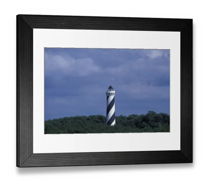 Framed Print : Europe, France, Aquitania, Landes, St. Girons. Black and white stiped lighthouse