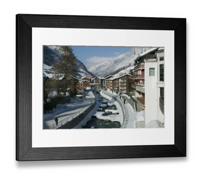 Framed Print : SWITZERLAND-Wallis  /  Valais-ZERMATT: Ski Chalets along the Mattervispa River  /  Winter