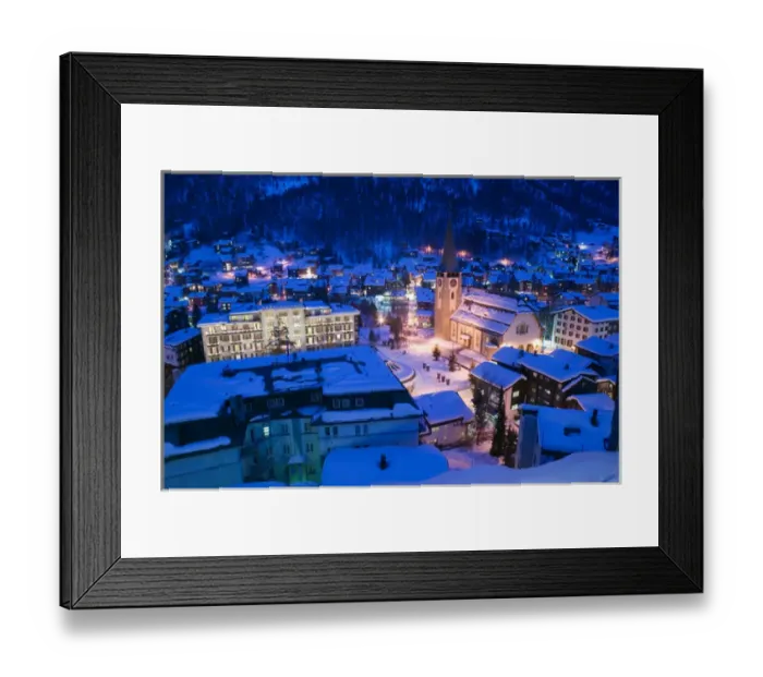 Framed Print : SWITZERLAND-Wallis  /  Valais-ZERMATT: Zermatterhof Hotel & Parish Church  /  Evening  /  Winter