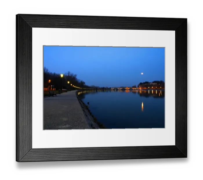 Framed Print : The Pont Saint St Benezet bridge in Avignon on the Rhone at sunset with moon and the river bank Framed Print : The Pont Saint St Benezet bridge in Avignon on the Rhone at sunset with moon and the river bank