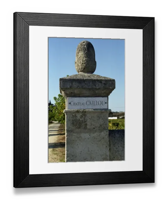 Framed Print : The stone gate post at the entrance to the chateau with a marble plaque inscribed