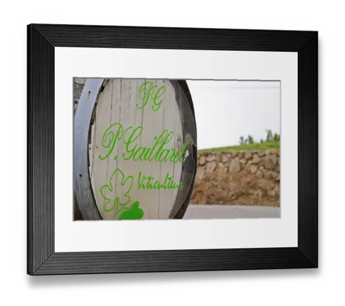Framed Print : Sign on an old barrel welcoming visitors to Pierre Gaillard Winery, viticulteur