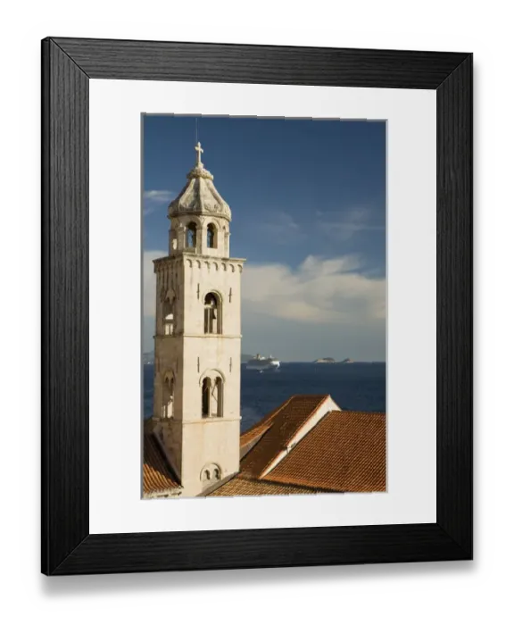 Framed Print : Europe, Croatia, Dalmatia, Dubrovnik. Cathedral belltower, red tile roofs and a Framed Print : Europe, Croatia, Dalmatia, Dubrovnik. Cathedral belltower, red tile roofs and a