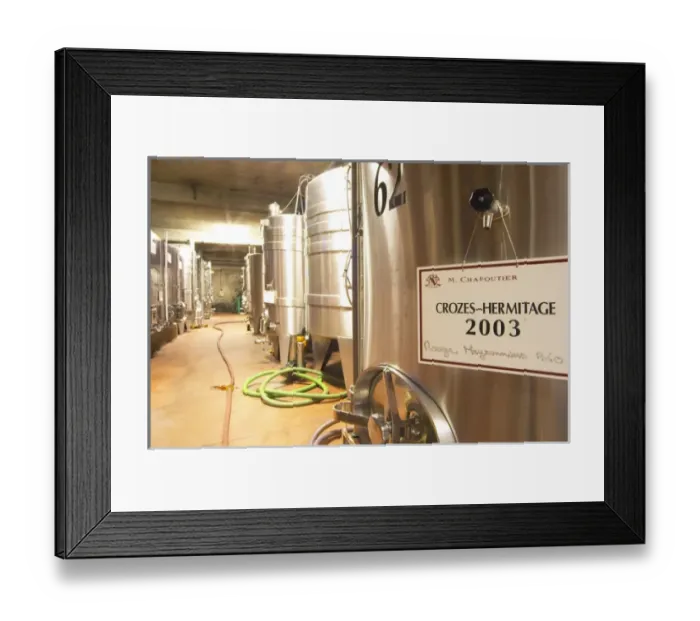 Framed Print : In the Chapoutier winery. Stainless steel fermentation tanks, one with Crozes Hermitage Framed Print : In the Chapoutier winery. Stainless steel fermentation tanks, one with Crozes Hermitage