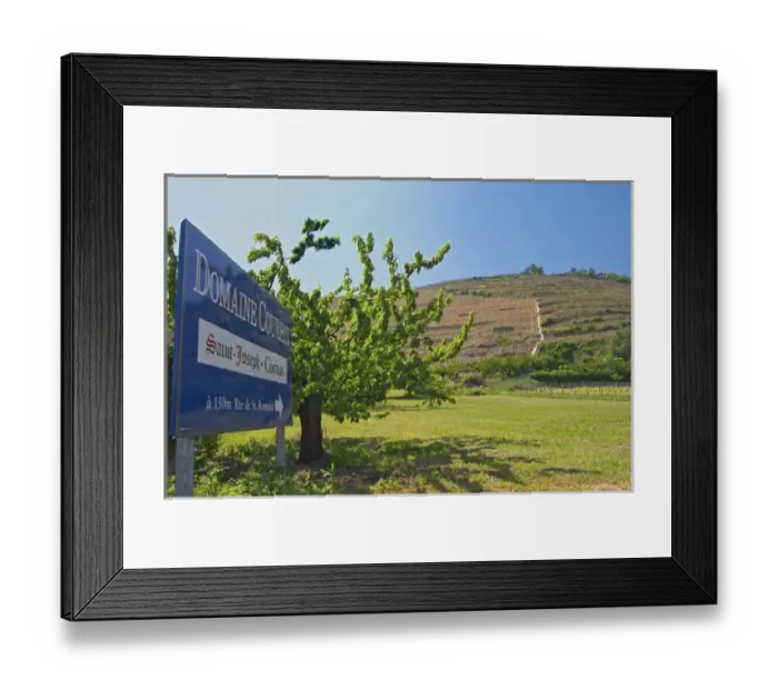 Framed Print : Saint Joseph vineyards in Chateaubourg with a sign to Domaine Courbis also making Cornas