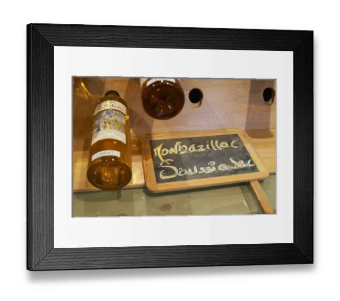 Framed Print : Golden yellow bottles of sweet white Bergerac and Monbazillac wine on display Framed Print : Golden yellow bottles of sweet white Bergerac and Monbazillac wine on display