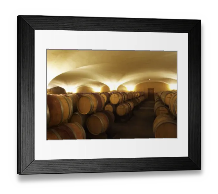 Framed Print : The old style vaulted barrel aging cellar with barriques pieces with maturing wine Framed Print : The old style vaulted barrel aging cellar with barriques pieces with maturing wine