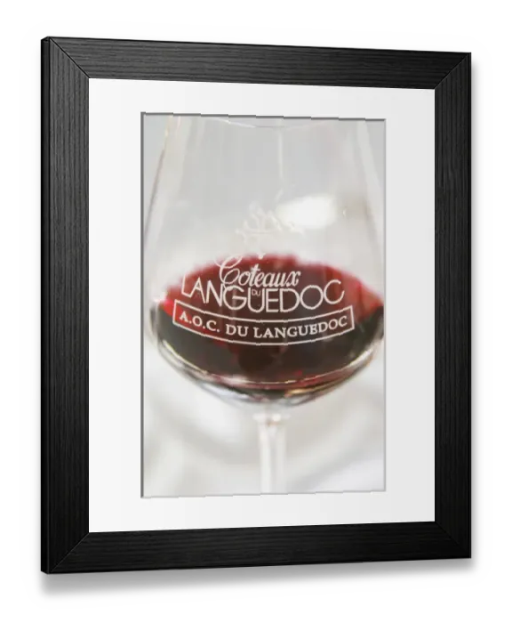 Framed Print : Wine tasting glass against a white background filled with red wine and engraved with Framed Print : Wine tasting glass against a white background filled with red wine and engraved with