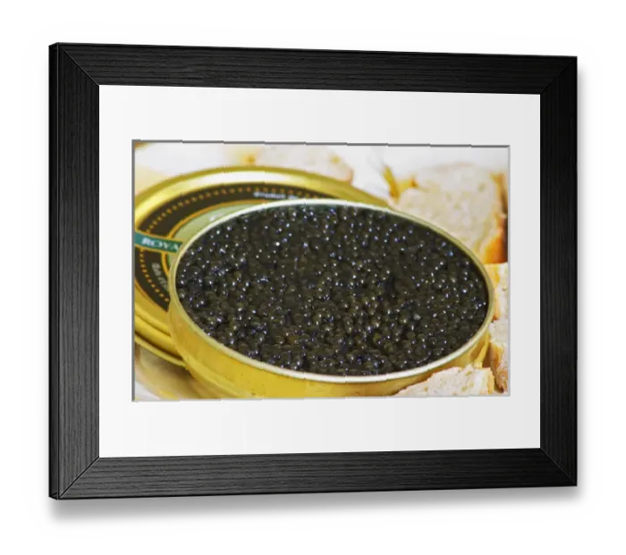 Framed Print : A just open tin of black caviar with slices of bread Caviar et Prestige Framed Print : A just open tin of black caviar with slices of bread Caviar et Prestige