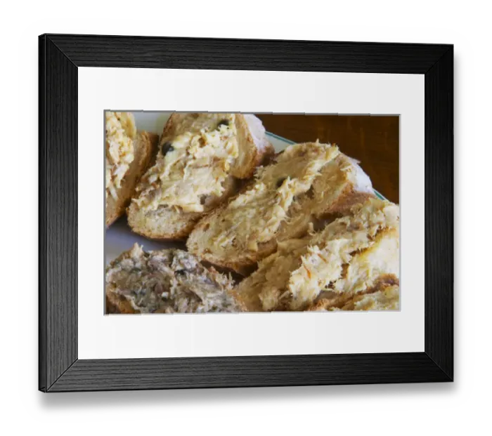 Framed Print : Slices of bread with preparations from sturgeon: pate with green pepper, pate with Framed Print : Slices of bread with preparations from sturgeon: pate with green pepper, pate with