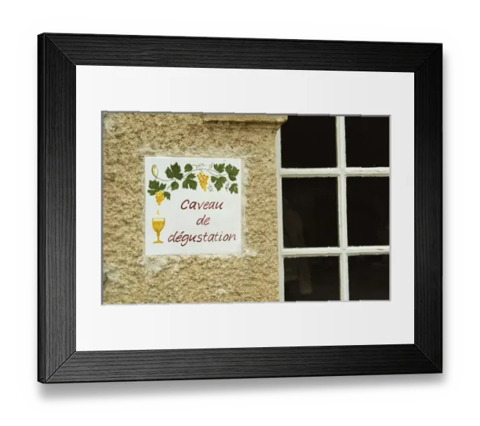 Framed Print : A sign outside the tasting room saying caveau de degustation. Chateau Mourgues du Gres Gres Framed Print : A sign outside the tasting room saying caveau de degustation. Chateau Mourgues du Gres Gres