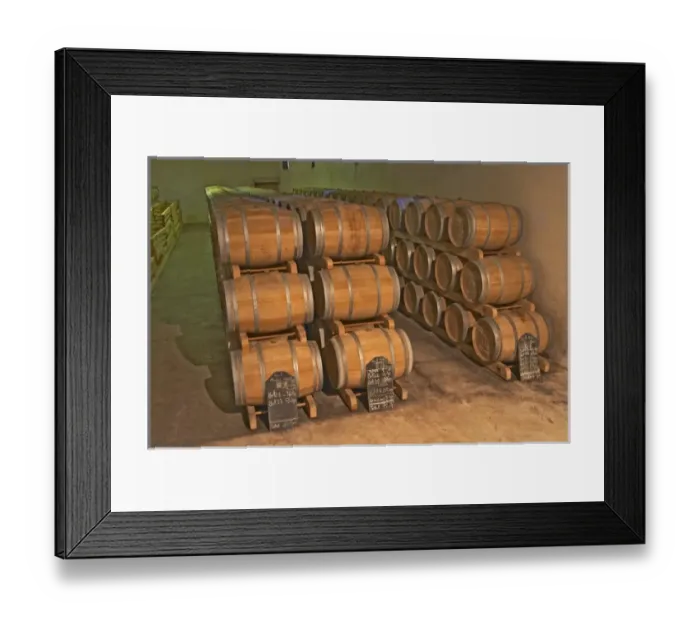 Framed Print : The barrel aging cellar, full of barriques - Chateau Belgrave, Haut-Medoc, Grand