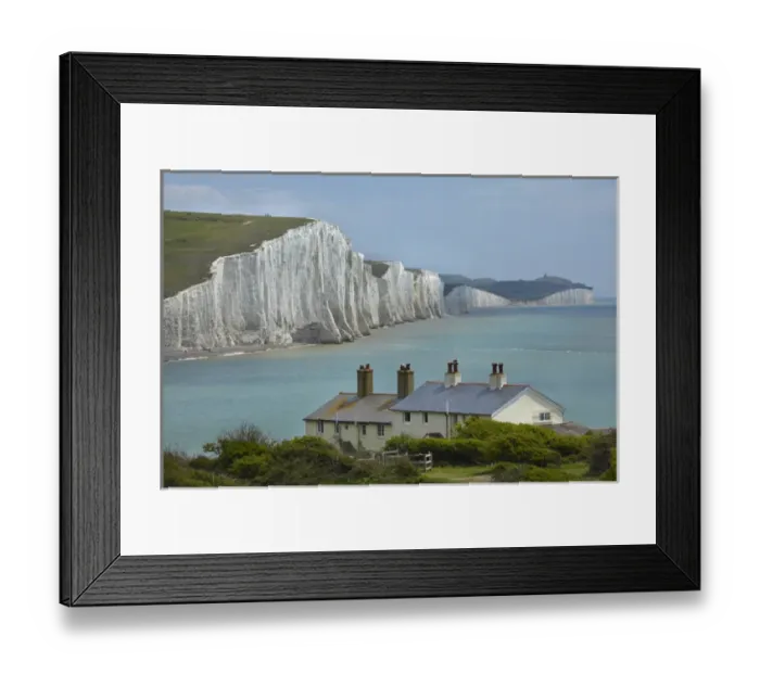 Framed Print : Seven Sisters Chalk Cliffs, and coastguard cottages, Cuckmere Haven, near Seaford Framed Print : Seven Sisters Chalk Cliffs, and coastguard cottages, Cuckmere Haven, near Seaford