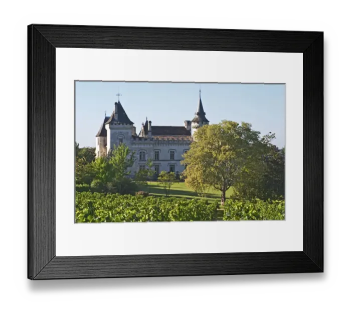 Framed Print : The chateau with turrets and vineyard - Chateau Carignan, Premieres Cotes de Bordeaux
