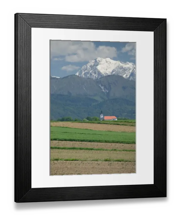 Framed Print : SLOVENIA-GORENJSKA-Moste: Church & Field with Kamnik-Savinja Alps / Summer Framed Print : SLOVENIA-GORENJSKA-Moste: Church & Field with Kamnik-Savinja Alps / Summer