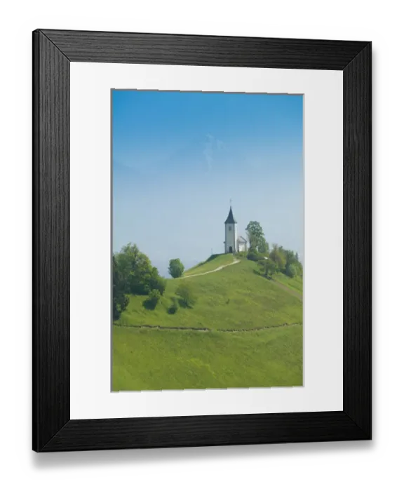 Framed Print : SLOVENIA-GORENJSKA-Jamnik: Church of St. Prim & Kamnik-Savinja Alps  /  Morning