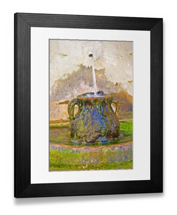 Framed Print : A fountain and urn with running water and moss at Chateau Saint Cosme, Gigondas, Vaucluse