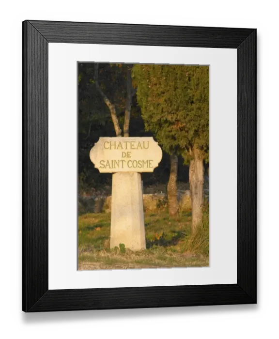 Framed Print : Stone sign post at Chateau Saint Cosme, Gigondas, Vaucluse, Rhone, Provence, France Framed Print : Stone sign post at Chateau Saint Cosme, Gigondas, Vaucluse, Rhone, Provence, France