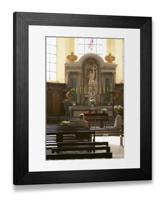 Framed Print : A man contemplating on a bench in a church in front of the altar with a ray of sunshine Framed Print : A man contemplating on a bench in a church in front of the altar with a ray of sunshine