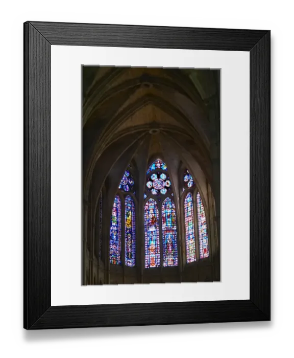 Framed Print : The Reims Cathedral: the stained glass windows behind the altar, Reims, Champagne Framed Print : The Reims Cathedral: the stained glass windows behind the altar, Reims, Champagne