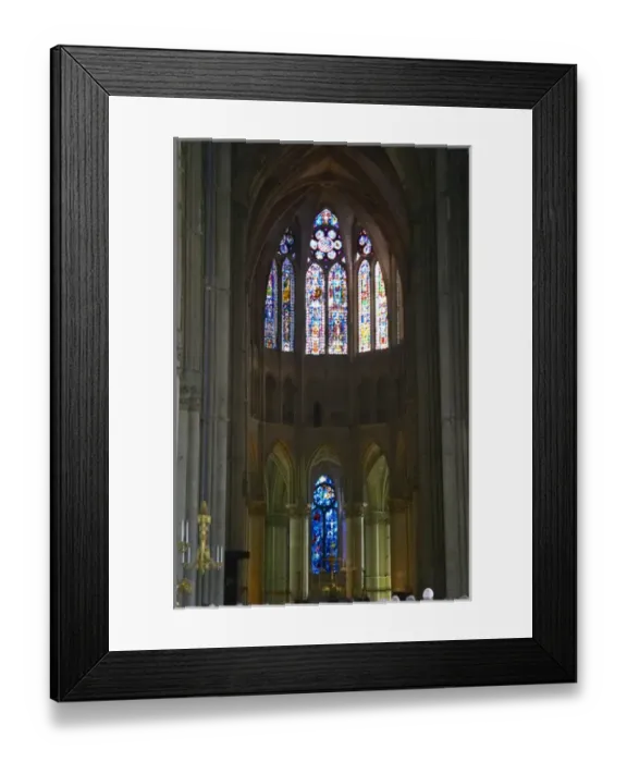 Framed Print : The Reims Cathedral: the stained glass windows behind the altar, the middle one being by Chagall Framed Print : The Reims Cathedral: the stained glass windows behind the altar, the middle one being by Chagall