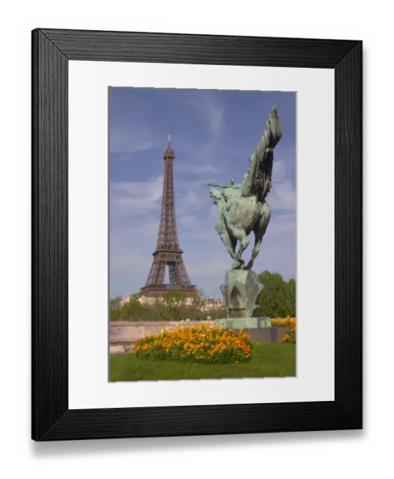 Framed Print : The Eiffel Tower in Paris with a statue of a horse seen from behind in the foreground Framed Print : The Eiffel Tower in Paris with a statue of a horse seen from behind in the foreground