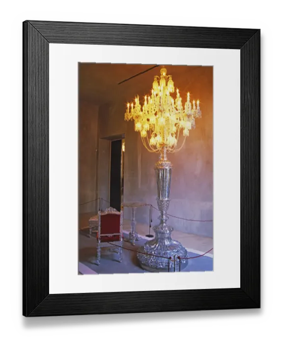 Framed Print : One of the museum piece giant candelabra and crystal chair and table, collectors
