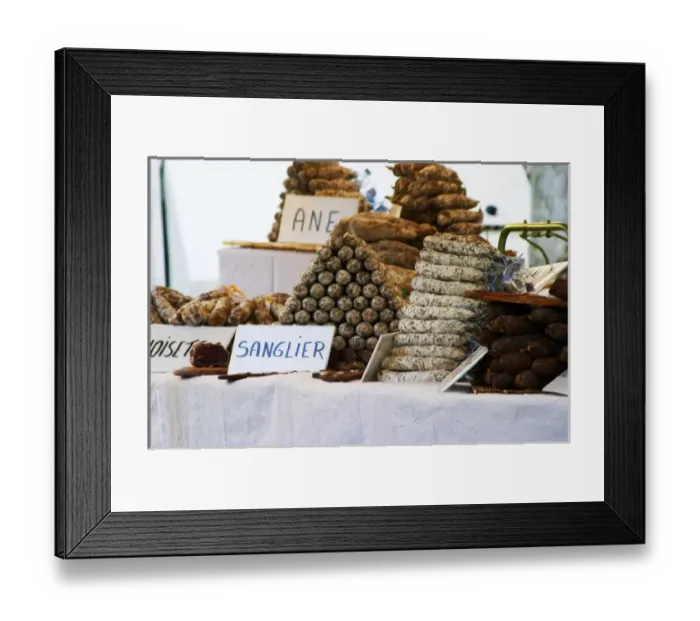 Framed Print : selling sausages of donkey, cow, wild boar and more at The market in Carpentras, Vaucluse