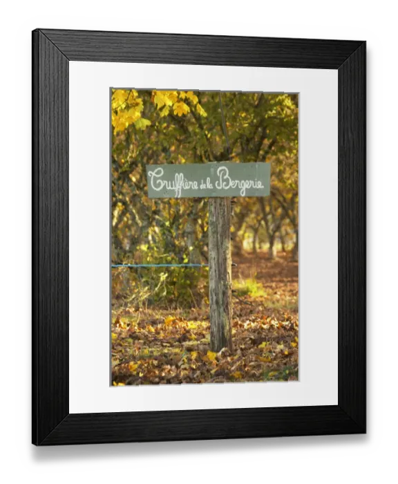Framed Print : Sign at the entrance Truffiere de la Bergerie (Truffiere) truffles farm Ste Foy de