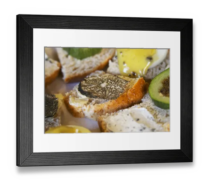 Framed Print : Appetizers made with truffles: small pieces of bread with truffles butter, slices Framed Print : Appetizers made with truffles: small pieces of bread with truffles butter, slices