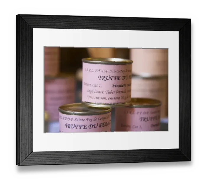 Framed Print : Truffle preparations in tins cans conserves: Truffles Truffetti from Perigord, first