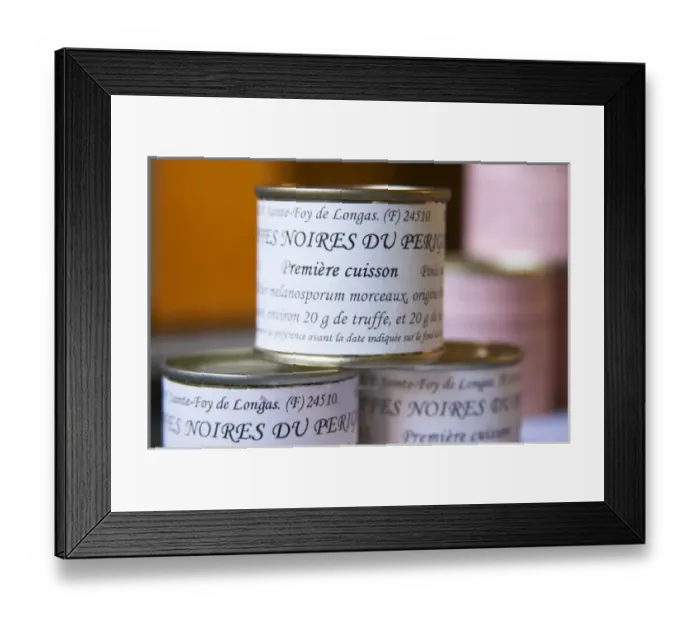 Framed Print : Truffle preparations in tins cans conserves: Truffles Truffetti from Perigord, first Framed Print : Truffle preparations in tins cans conserves: Truffles Truffetti from Perigord, first
