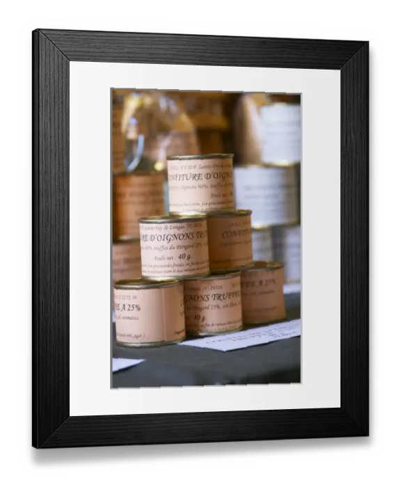 Framed Print : Truffle preparations in tins cans conserves: onion marmelade with truffles Truffiere Framed Print : Truffle preparations in tins cans conserves: onion marmelade with truffles Truffiere