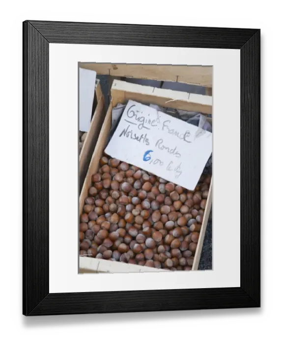 Framed Print : Hazelnut nuts for sale at a market stall at the market in Bergerac for 6 euro per kilo Framed Print : Hazelnut nuts for sale at a market stall at the market in Bergerac for 6 euro per kilo