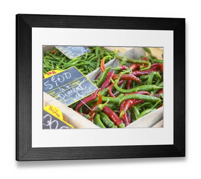 Framed Print : Pimiento pepper, piment, chili peppers red and green, for 5 euro per kilo, for sale Framed Print : Pimiento pepper, piment, chili peppers red and green, for 5 euro per kilo, for sale