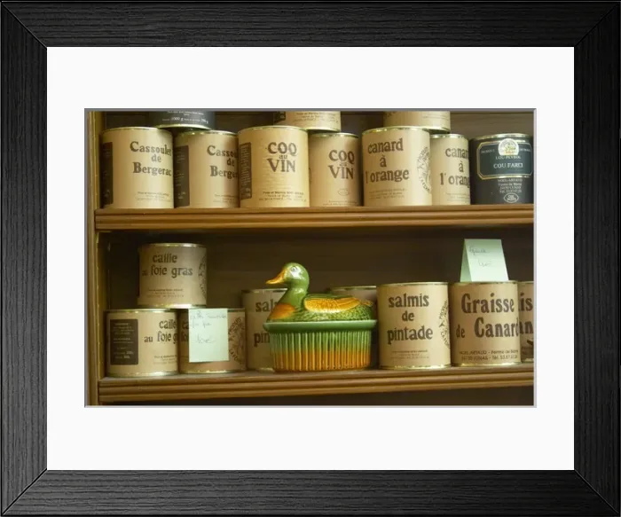 Framed Print : Conserve cans with different kinds of duck specialities Cassoulet de Bergerac, Coq au vin
