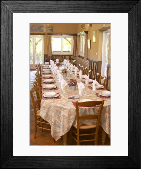 Framed Print : Lunch table set for many guests ready to be served duck specialities. Ferme de Biorne duck Framed Print : Lunch table set for many guests ready to be served duck specialities. Ferme de Biorne duck