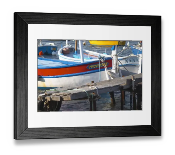 Framed Print : Typical Provencal fishing boats painted in bright colours white, blue, green red yellow