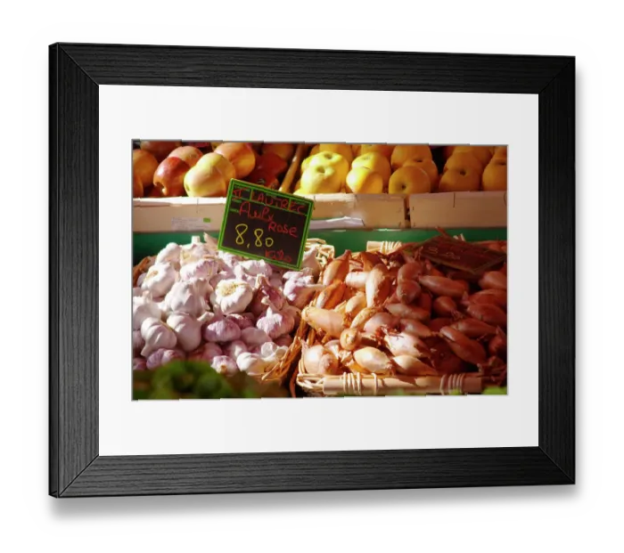 Framed Print : Street market merchants stall with garlic and shallot onions Sanary Var Cote