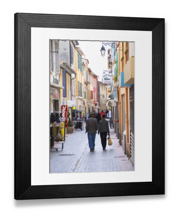 Framed Print : A market street in the old town, people walking on the street Sanary Var Cote daaAzur Framed Print : A market street in the old town, people walking on the street Sanary Var Cote daaAzur