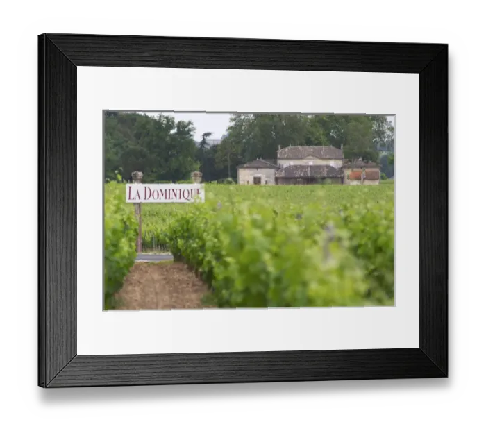 Framed Print : A sign in the vineyard saying Chateau La Dominique, and a unknown winery in the background