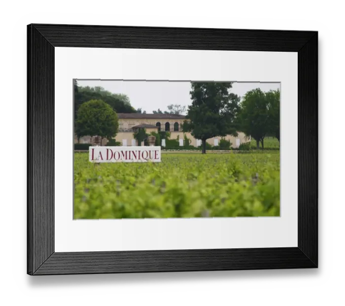 Framed Print : A sign in the vineyard saying Chateau La Dominique, and a unknown winery in the background