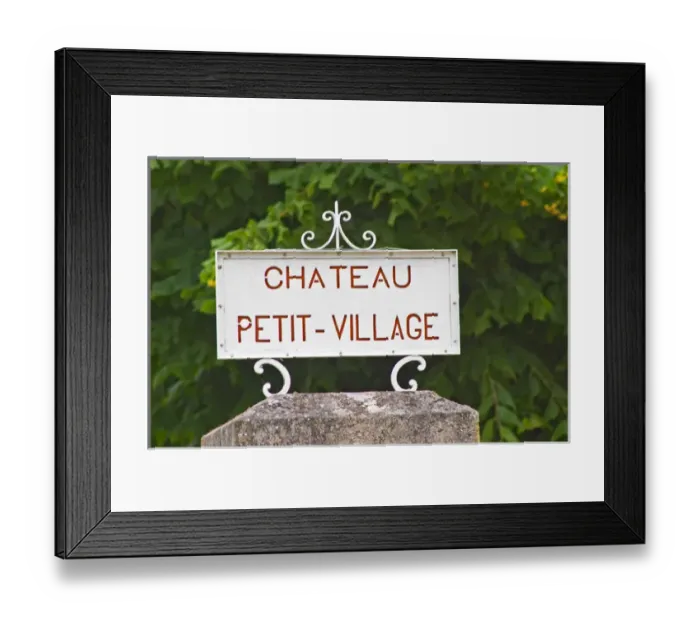 Framed Print : A stone gate post and a white sign saying Chateau Petit Village, detail Pomerol Framed Print : A stone gate post and a white sign saying Chateau Petit Village, detail Pomerol