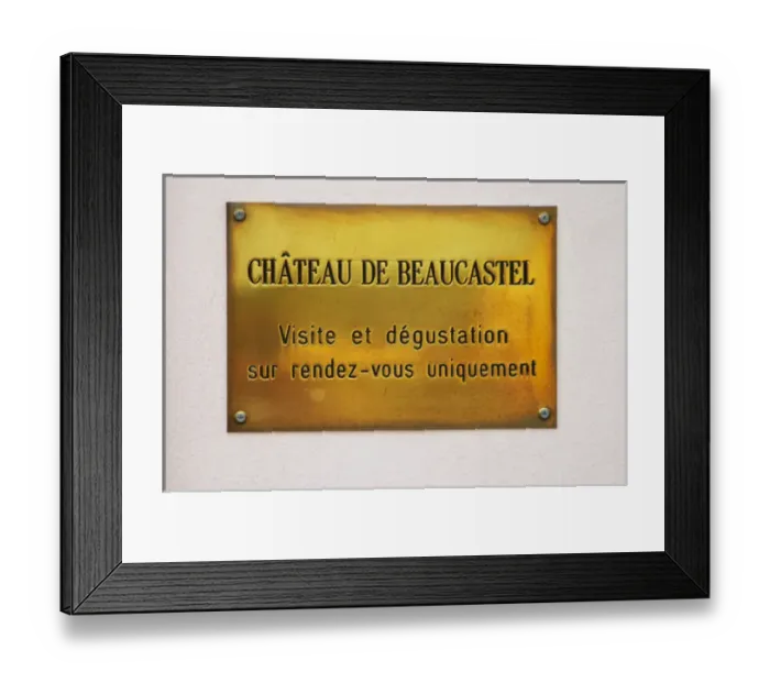 Framed Print : Brass plate at the entrance - visits and tastings on appointment only. Chateau de Beaucastel Framed Print : Brass plate at the entrance - visits and tastings on appointment only. Chateau de Beaucastel