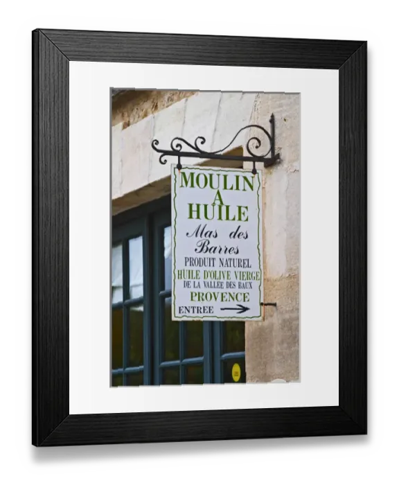 Framed Print : Sign to the olive oil shop. Moulin Mas des Barres olive mill, Maussanes les Alpilles Framed Print : Sign to the olive oil shop. Moulin Mas des Barres olive mill, Maussanes les Alpilles