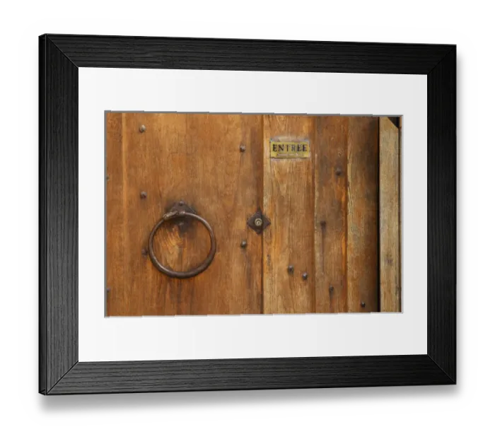 Framed Print : The wooden entrance door with metal ring knocker and old lock, sign saying entree, step in Framed Print : The wooden entrance door with metal ring knocker and old lock, sign saying entree, step in
