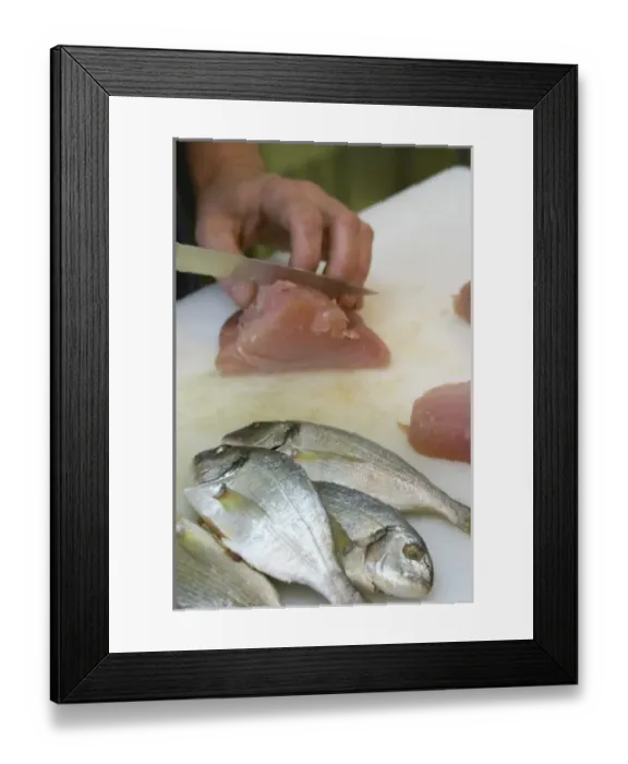 Framed Print : Gruissan village. La Clape. Languedoc. Restaurant La Cranquette. Tuna fish cut in Framed Print : Gruissan village. La Clape. Languedoc. Restaurant La Cranquette. Tuna fish cut in